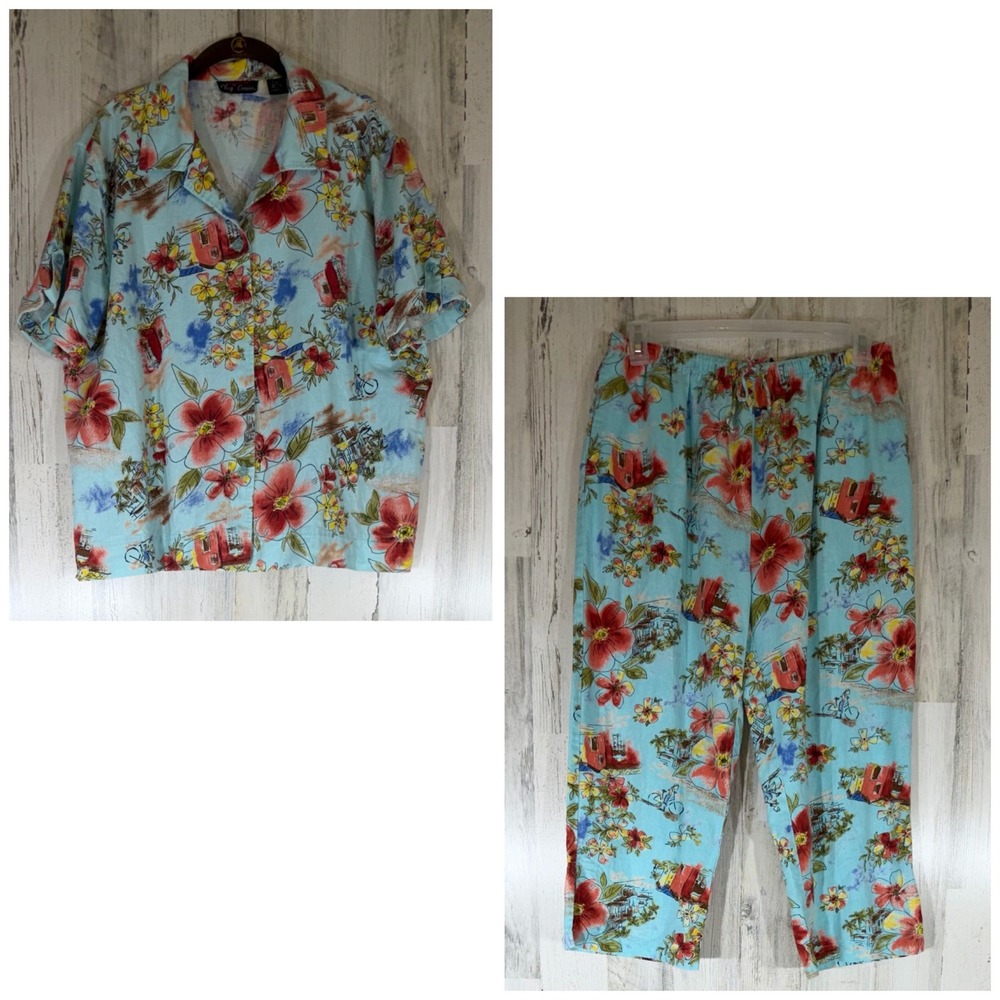 Oleg Cassini 2 Pc Capri Set XL Linen Blend Tropical Floral Beach Vacation Cruise
